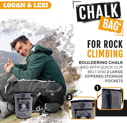 Chalk Bag for Rock Climbing| Waxed Canvas Climbing Chalk Bag w/Drawstring, Adjustable Belt, 2 Large Zippered Pockets|Water Resistant Rock Climbing Chalk Bag| Climbing Chalk Bags |Chalk Bag Bouldering