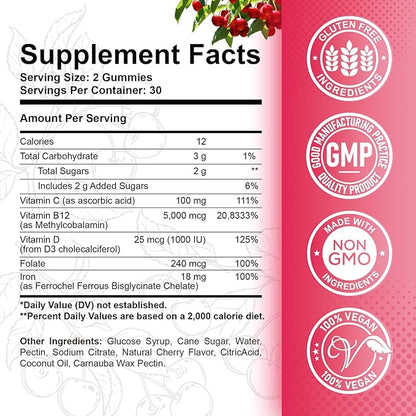 Vitamin B12 Gummies - 5000 mcg Methylcobalamin with Iron, Vitamin C, D3 & Folate, Energy Support and Metabolism, Immune, B-12 Complex Chewable Supplement for Men & Women, 120 Count, 2 Pack