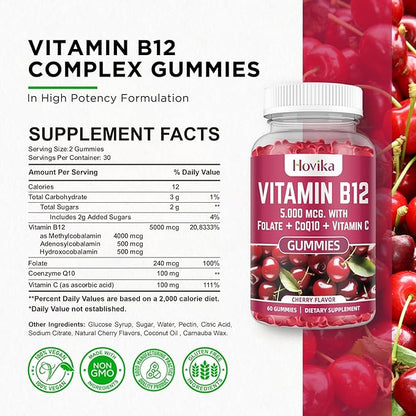 Vitamin B12 Complex 5000 mcg Methyl B12, Adenosyl B12 & Hydroxy B12, with Coenzyme Q10, Folate, Vitamin C, Chewable B 12 for Energy Support, Metabolism, Bone Health - Cherry Flavor, 2 Pack