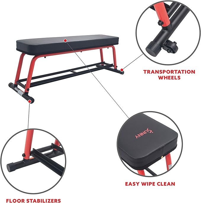 Sunny Health & Fitness Flat Weight Bench Optional Dumbbell Rack for Strength Training, Full Body Workout, Exercise, Home Gym