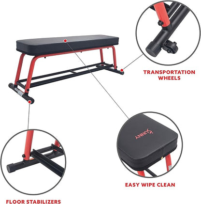 Sunny Health & Fitness Flat Weight Bench Optional Dumbbell Rack for Strength Training, Full Body Workout, Exercise, Home Gym