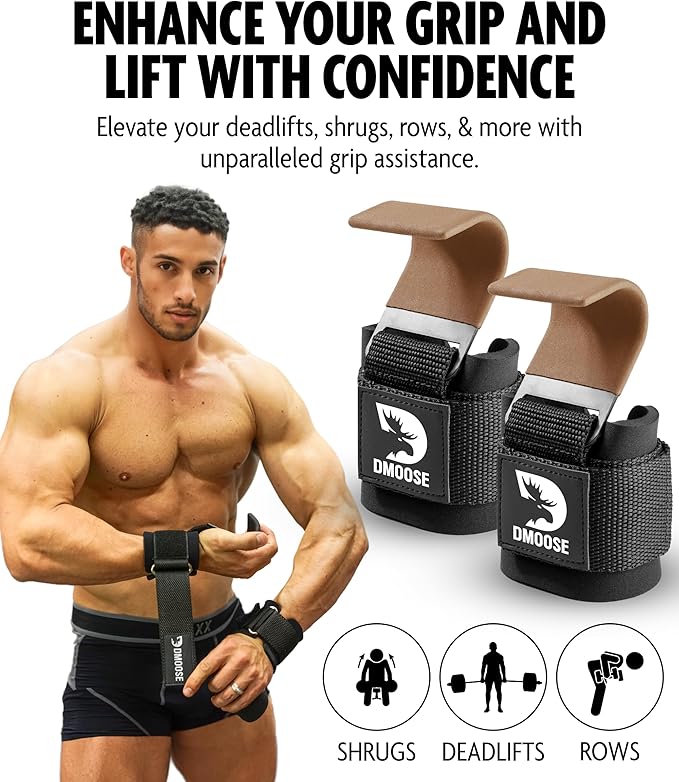 DMoose Fitness Weight Lifting Hooks for Men & Women (Pair) - 8 mm Thick Wrist Padding - Weight Grips for Powerlifting, Shrugs, Rows & Deadlift Support - Gym Lifting Straps with Pull Up Hooks