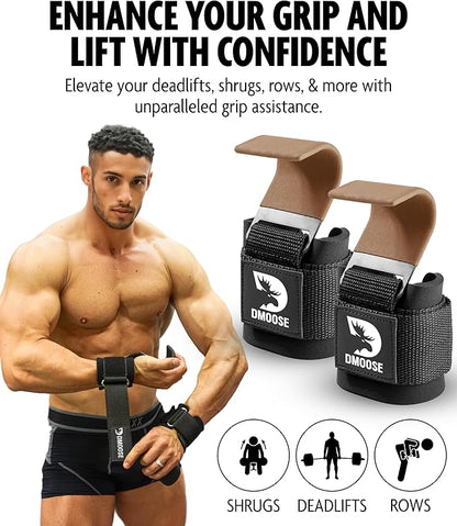DMoose Fitness Weight Lifting Hooks for Men & Women (Pair) - 8 mm Thick Wrist Padding - Weight Grips for Powerlifting, Shrugs, Rows & Deadlift Support - Gym Lifting Straps with Pull Up Hooks