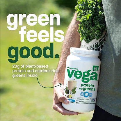 Vega Protein and Greens Protein Powder, Vanilla - 20g Plant Based Protein Plus Veggies, Vegan, Non GMO, Pea Protein for Women and Men, 1.7 lbs (Packaging May Vary)