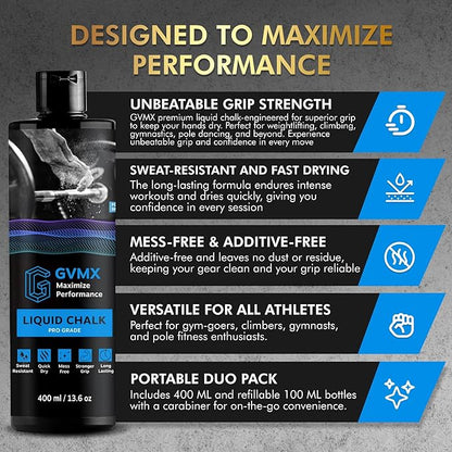 50ML/100ML/400ML Superior Grip Premium Liquid Chalk. Long Lasting Mess-Free Gym Chalk for Weightlifting, Gymnastics, Climbing. Fast Drying Refillable Gym Accessories. Package May Vary.