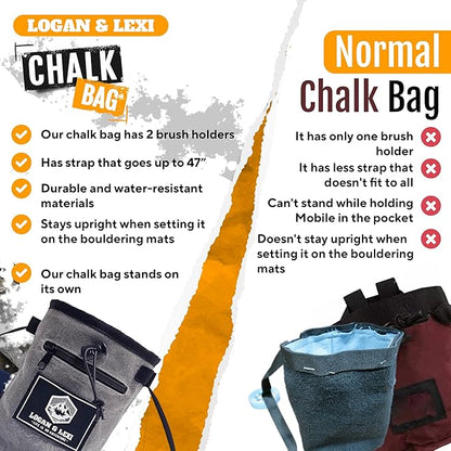 Chalk Bag for Rock Climbing| Waxed Canvas Climbing Chalk Bag w/Drawstring, Adjustable Belt, 2 Large Zippered Pockets|Water Resistant Rock Climbing Chalk Bag| Climbing Chalk Bags |Chalk Bag Bouldering