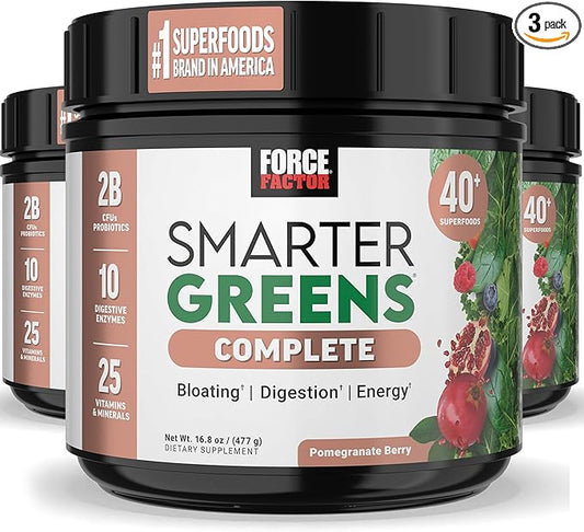 FORCE FACTOR Smarter Greens Superfoods + Digestion Powder, 3-Pack, Greens Powder with 2 Billion Probiotics, Digestive Enzymes, and Antioxidants to Detox, Cleanse, and Support Immunity, 90 Servings