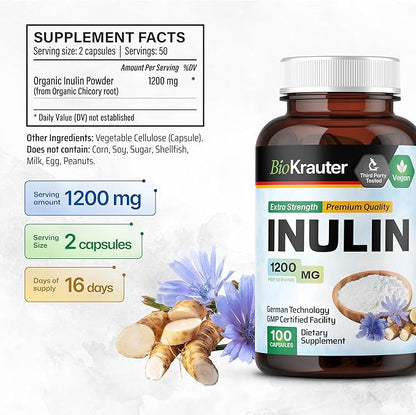 BIO KRAUTER Inulin Powder Capsules - 1200 mg Strength - 100 Count - Fiber Supplement - Chicory Root Fiber Capsules for Digestive Support - Pure Soluble Fiber Supplements - Vegan Inulin Capsules