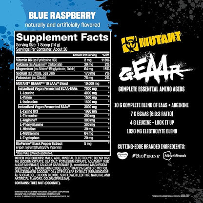 Mutant GEAAR - 9.4g of EAA Powder + Arginine, 7g BCAAs, 4g Leucine, Electrolytes, Coconut Water, 30 Servings - Blue Raspberry