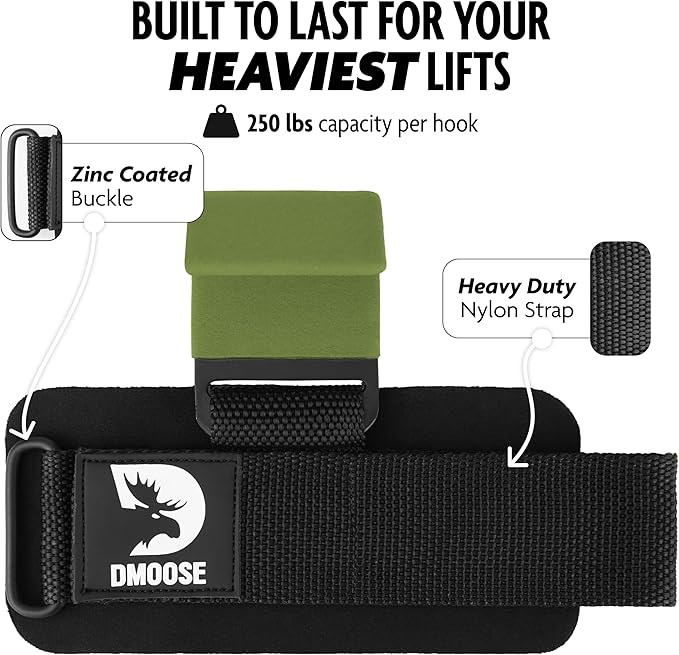 DMoose Fitness Weight Lifting Hooks (Pair) for Deadlifts, Pull Ups & Shrugs - 500 Lbs Capacity, Thick Wrist Padding - Heavy Duty Gym Workout Grips Straps for Men and Women