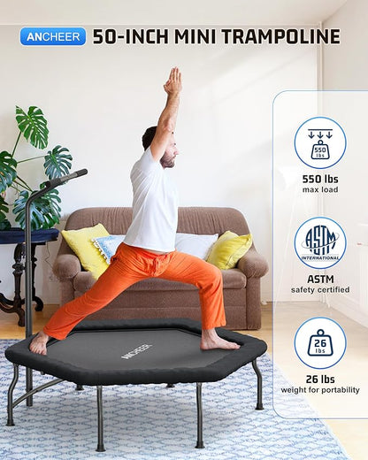 ANCHEER 50" Rebounder Trampoline for Adults- 2025 Foldable Mini Trampoline with Bar- Exercise Trampoline for Adults, Max Load 450lbs/550lbs, for Indoor/Garden Workout