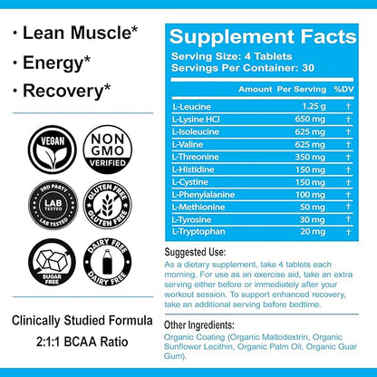Ultimate Amino Acid Complex Supplement - 120 Easy-to-Swallow, Flavorless 1g Tablets - All 9 EAA Plus Cystine & Tyrosine - 2:1:1 BCAA Ratio - Increase Energy, Lean Muscle & Recovery - Vegan & Non-GMO