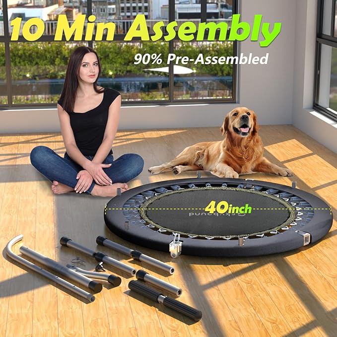 SkyBound Boogie Bounce Elite Foldable Mini Trampoline Fitness Rebounder with Adjustable T-Bar Handle - Exercise Trampoline for Adult - Fitness Trampoline for Workout Trainer