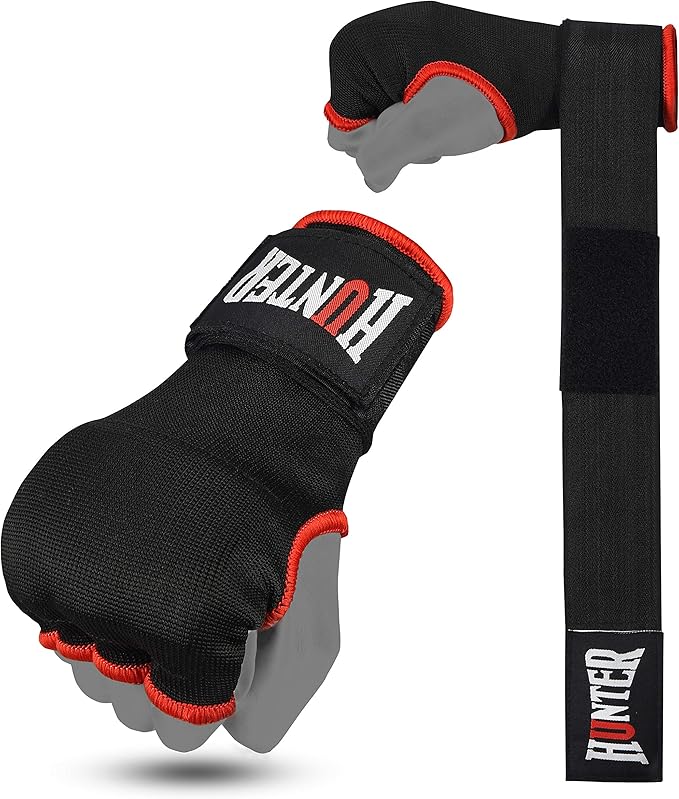 HUNTER Gel Padded Inner Gloves with Hand Wraps for Boxing, Quick Elastic Training Wraps for Men & Women, Muay Thai MMA Kickboxing Martial Arts Knuckle Wrist Protector (Pair)