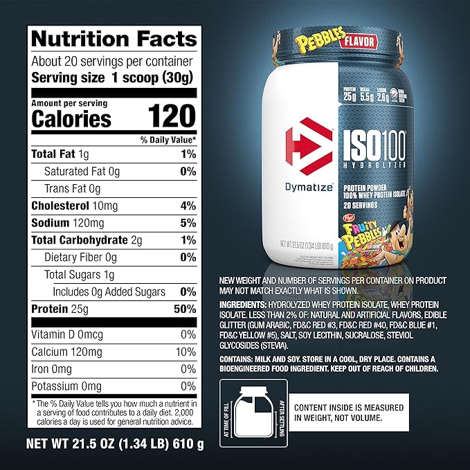 Dymatize ISO100 Hydrolyzed Protein Powder, 100% Whey Isolate, 25g of Protein, 5.5g BCAAs, Gluten Free, Fast Absorbing, Easy Digesting, Fruity Pebbles, 20 Servings