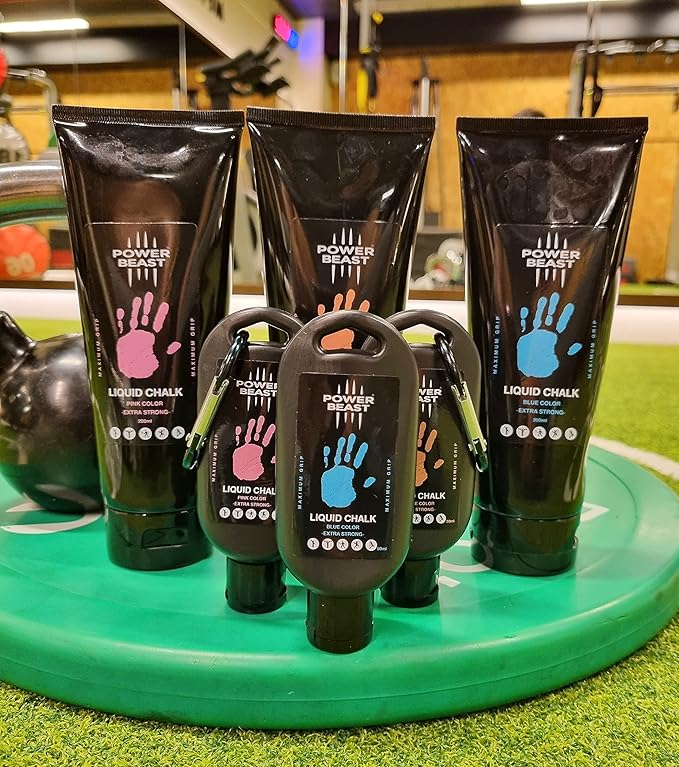 POWER BEAST Colored Liquid Chalk, 2 Bottles Combo of 200 + 50 ML, Liquid Sports Chalk, Free Professional Hand Grip for Gym, Weightlifting, Rock Climbing, Crossfit, Powerlifting, Pole Dance.