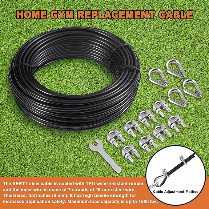 SERTT Replacement Cable for Pulley Cable Machine, Pulley Cable for DIY Home Gym, Wire Rope Length 32.8/65.6/98.4 Ft for Weight Lift Pulley System, Gym Steel Cable, Thick 5mm, TPU Coated