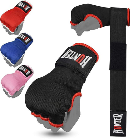 HUNTER Gel Padded Inner Gloves with Hand Wraps for Boxing, Quick Elastic Training Wraps for Men & Women, Muay Thai MMA Kickboxing Martial Arts Knuckle Wrist Protector (Pair)