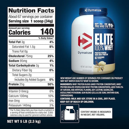 Dymatize Elite 100% Whey Protein Powder, 25g Protein, 5.5g BCAAs & 2.7g L-Leucine, Quick Absorbing & Fast Digesting for Optimal Muscle Recovery, Gourmet Vanilla, 5 Pound, 67 Servings
