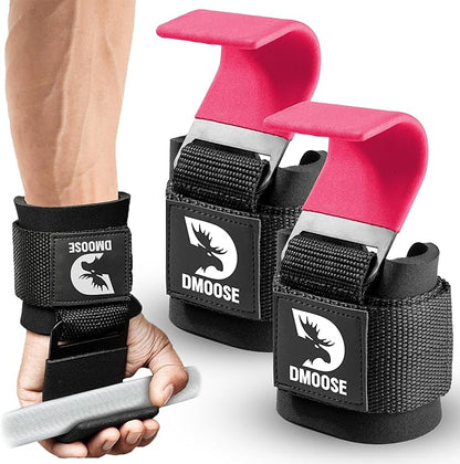 DMoose Fitness Weight Lifting Hooks (Pair) for Deadlifts, Pull Ups & Shrugs - 500 Lbs Capacity, Thick Wrist Padding - Heavy Duty Gym Workout Grips Straps for Men and Women