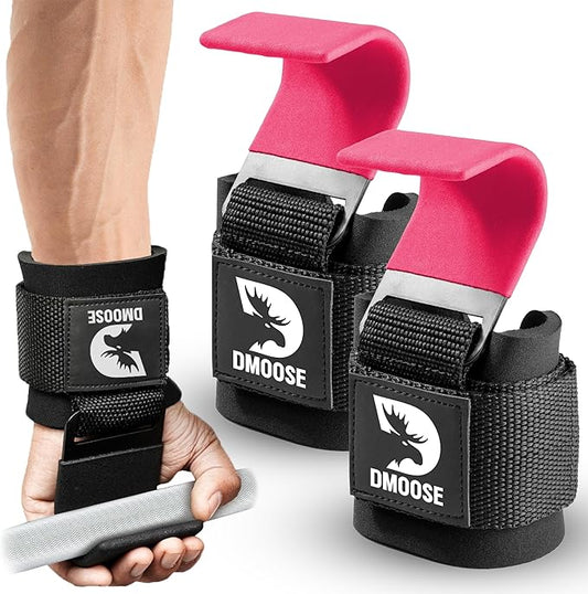 DMoose Fitness Weight Lifting Hooks (Pair) for Deadlifts, Pull Ups & Shrugs - 500 Lbs Capacity, Thick Wrist Padding - Heavy Duty Gym Workout Grips Straps for Men and Women