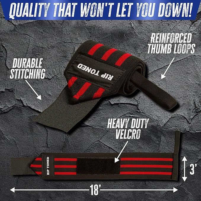 Rip Toned 18” Wrist Wraps - Wrist Straps for Weightlifting - Lift Better, Protect Wrist Pain - Adjustable, Durable, Machine Washable - Wrist Wraps for Weightlifting - USPA Endorsed for Men & Women