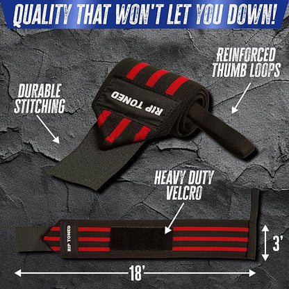 Rip Toned 18” Wrist Wraps - Wrist Straps for Weightlifting - Lift Better, Protect Wrist Pain - Adjustable, Durable, Machine Washable - Wrist Wraps for Weightlifting - USPA Endorsed for Men & Women