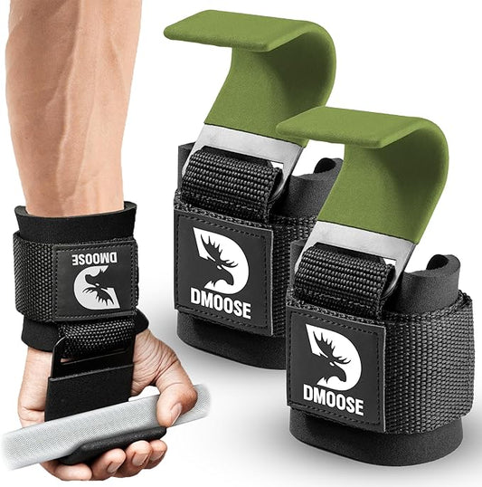 DMoose Fitness Weight Lifting Hooks (Pair) for Deadlifts, Pull Ups & Shrugs - 500 Lbs Capacity, Thick Wrist Padding - Heavy Duty Gym Workout Grips Straps for Men and Women