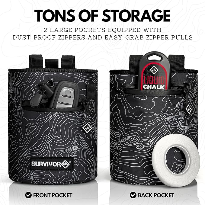 SURVIVOR Chalk Bag - Iconic Topographical Map, Draw String Closure, 2 Zippered Pockets, & Brush Holder - Chalk Bag for Rock Climbing, Bouldering, Weightlifting, Gymnastics & More