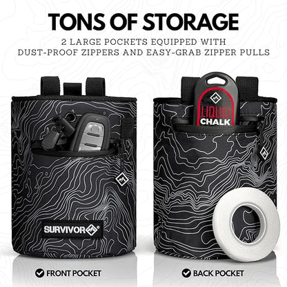 SURVIVOR Chalk Bag - Iconic Topographical Map, Draw String Closure, 2 Zippered Pockets, & Brush Holder - Chalk Bag for Rock Climbing, Bouldering, Weightlifting, Gymnastics & More
