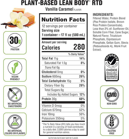Lean Body Ready-to-Drink, Plant-Based Vegan Vanilla Caramel Protein Shake, 30g Protein, No Artificial Flavors, Sweeteners or Colors, Non GMO, Gluten Free, Premium Pea & Rice Blend (Pack of 12)