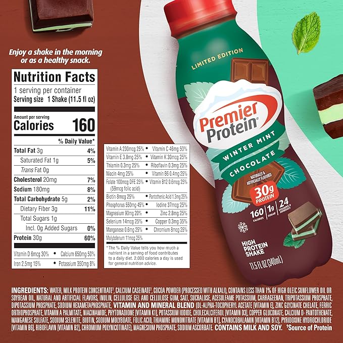 Premier Protein Shake, Limited Edition Winter Mint Chocolate, 30g Protein, 1g Supar, 24 Vitamins & Minerals, Nutrients to Support Immune Health, 11.5 oz, 12 Pack