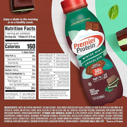 Premier Protein Shake, Limited Edition Winter Mint Chocolate, 30g Protein, 1g Supar, 24 Vitamins & Minerals, Nutrients to Support Immune Health, 11.5 oz, 12 Pack