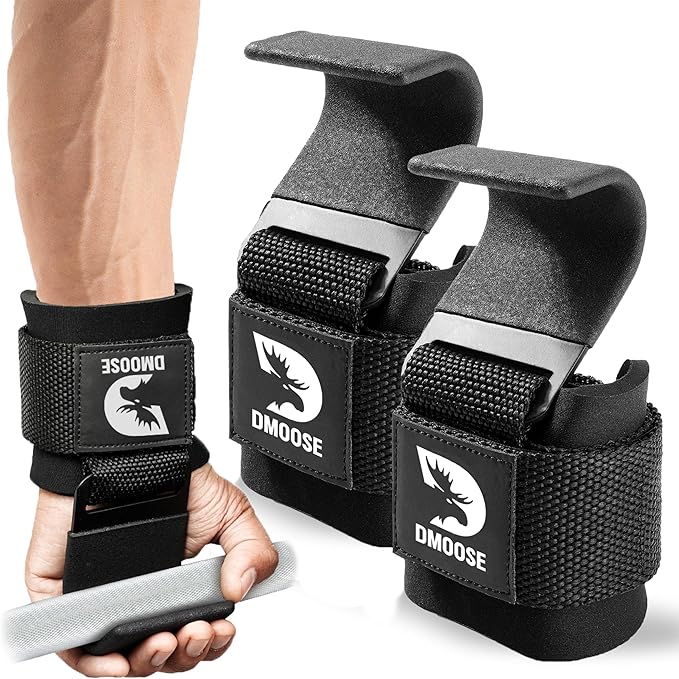 DMoose Fitness Weight Lifting Hooks for Men & Women (Pair) - 8 mm Thick Wrist Padding - Weight Grips for Powerlifting, Shrugs, Rows & Deadlift Support - Gym Lifting Straps with Pull Up Hooks