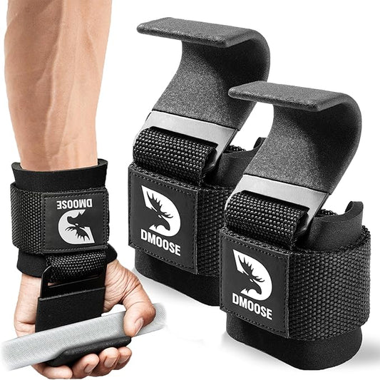 DMoose Fitness Weight Lifting Hooks (Pair) for Deadlifts, Pull Ups & Shrugs - 500 Lbs Capacity, Thick Wrist Padding - Heavy Duty Gym Workout Grips Straps for Men and Women