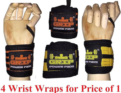 Grip Power Pads Wrist Wraps 2 Wraps for Weight Lifting Wrist Support Cotton Wraps Gym Bandage Straps for Men & Women Premium Quality & PRO Rubber