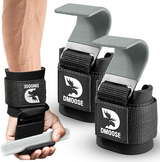 DMoose Fitness Weight Lifting Hooks (Pair) for Deadlifts, Pull Ups & Shrugs - 500 Lbs Capacity, Thick Wrist Padding - Heavy Duty Gym Workout Grips Straps for Men and Women