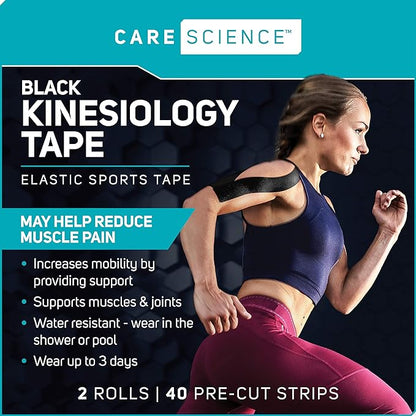 Care Science Waterproof Kinesiology Tape, 40 ct Precut Strips (2 Rolls), Black | Elastic Sports & Weightlifting Tape Supports Muscles & Joints. Water Resistant