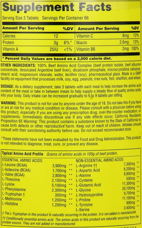 Universal Nutrition - 100% Beef Aminos -3g of Beef Protein Isolate for Recovery and Growth - 200 Tabs