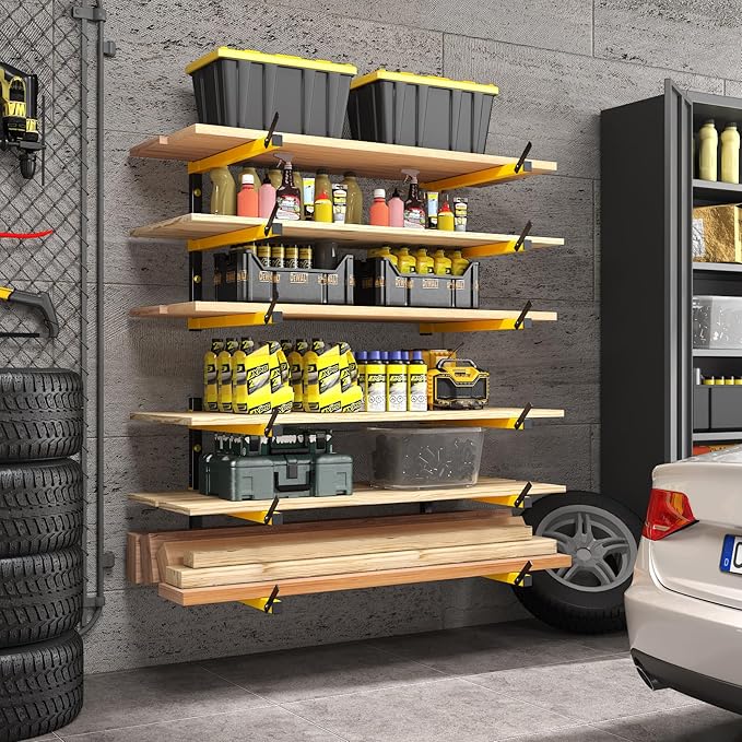 GREENER Lumber Storage Rack Folding Wood Storage Racks Wall-Mounted Metal Racks for Storage with 6-Level Heavy Duty Garage Wood Organizer for Woodworking Shop Indoor & Outdoor Use, 2 pairs,Yellow