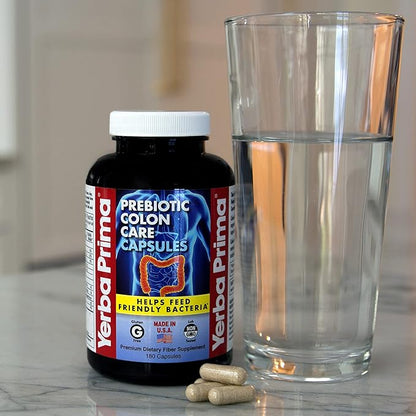Yerba Prima Prebiotic Colon Care Capsules - 180 Count (Pack of 2), Gluten Free, Proudly Made in The USA, Non-GMO, Soluble & Insoluble Fiber, Supports A Healthy Functioning Colon