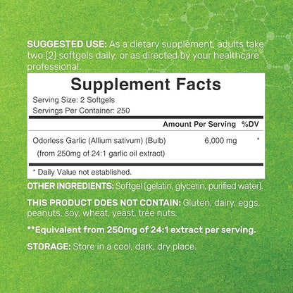 DEAL SUPPLEMENT Odorless Aged Garlic Pills, 6,000mg Per Serving, 500 Softgels – 24:1 Garlic Oil Extract – Fresh Allium Sativum Bulb Source – Heart & Immune Antioxidant Supplements – Non-GMO