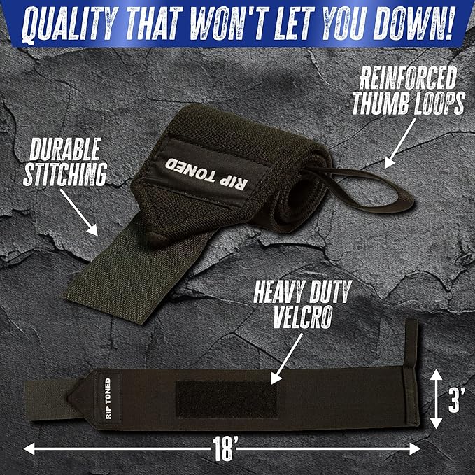 Rip Toned 18” Wrist Wraps - Wrist Straps for Weightlifting - Lift Better, Protect Wrist Pain - Adjustable, Durable, Machine Washable - Wrist Wraps for Weightlifting - USPA Endorsed for Men & Women