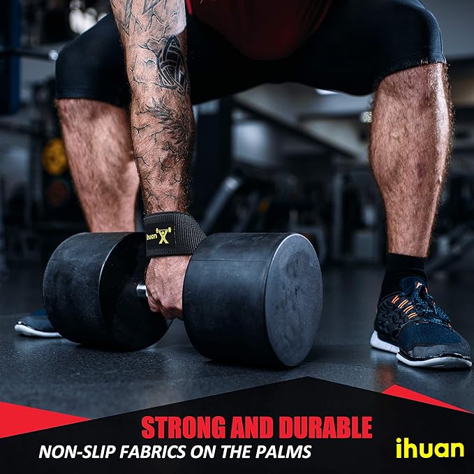 ihuan Wrist Straps for Weight Lifting - Lifting Straps for Weightlifting | Gym Wrist Wraps with Extra Hand Grips Support for Strength Training | Bodybuilding | Deadlifting