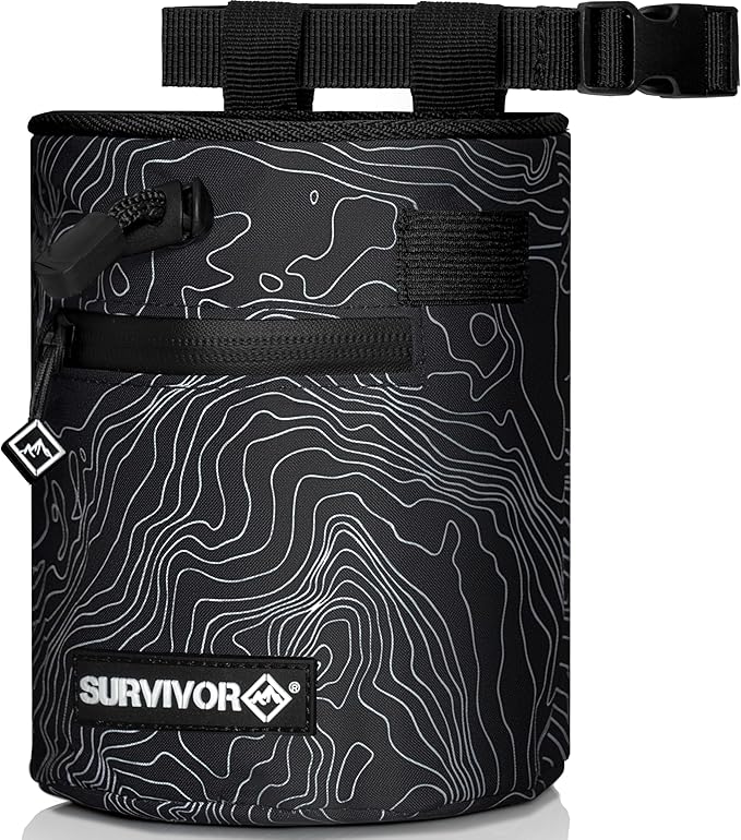 SURVIVOR Chalk Bag - Iconic Topographical Map, Draw String Closure, 2 Zippered Pockets, & Brush Holder - Chalk Bag for Rock Climbing, Bouldering, Weightlifting, Gymnastics & More