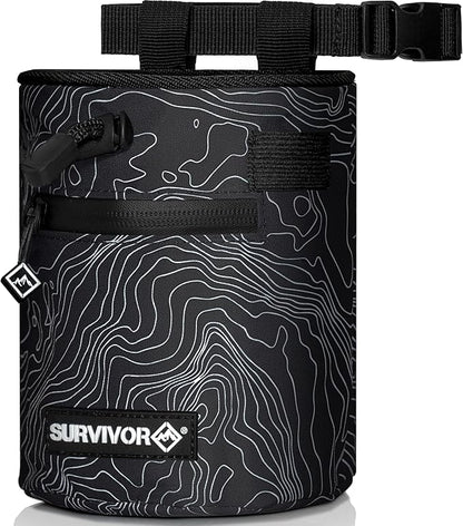 SURVIVOR Chalk Bag - Iconic Topographical Map, Draw String Closure, 2 Zippered Pockets, & Brush Holder - Chalk Bag for Rock Climbing, Bouldering, Weightlifting, Gymnastics & More