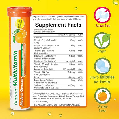 T&D German Multivitamin Drink Effervescnet Tablets 140 Servings Orange Flavour - Vitamin C, E, B1, B2, B6, B12, Biotin, Folic Acid, Niacin, Pantothenic Acid Pharma – Made in Germany