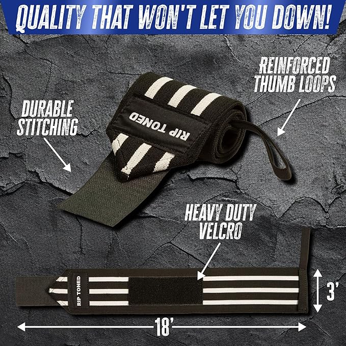 Rip Toned 18” Wrist Wraps - Wrist Straps for Weightlifting - Lift Better, Protect Wrist Pain - Adjustable, Durable, Machine Washable - Wrist Wraps for Weightlifting - USPA Endorsed for Men & Women