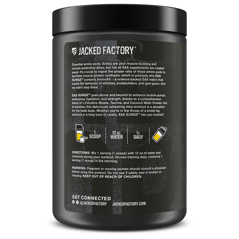 Jacked Factory EAA Surge Essential Amino Acids Powder - EAAS & BCAA Intra Workout Supplement w/L-Citrulline, Taurine, & More for Muscle Building, Strength, Endurance, Recovery - Pineapple, 20sv