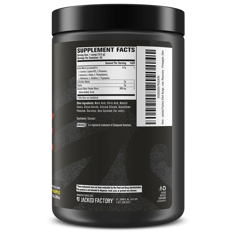Jacked Factory EAA Surge Essential Amino Acids Powder - EAAS & BCAA Intra Workout Supplement w/L-Citrulline, Taurine, & More for Muscle Building, Strength, Endurance, Recovery - Pineapple, 20sv